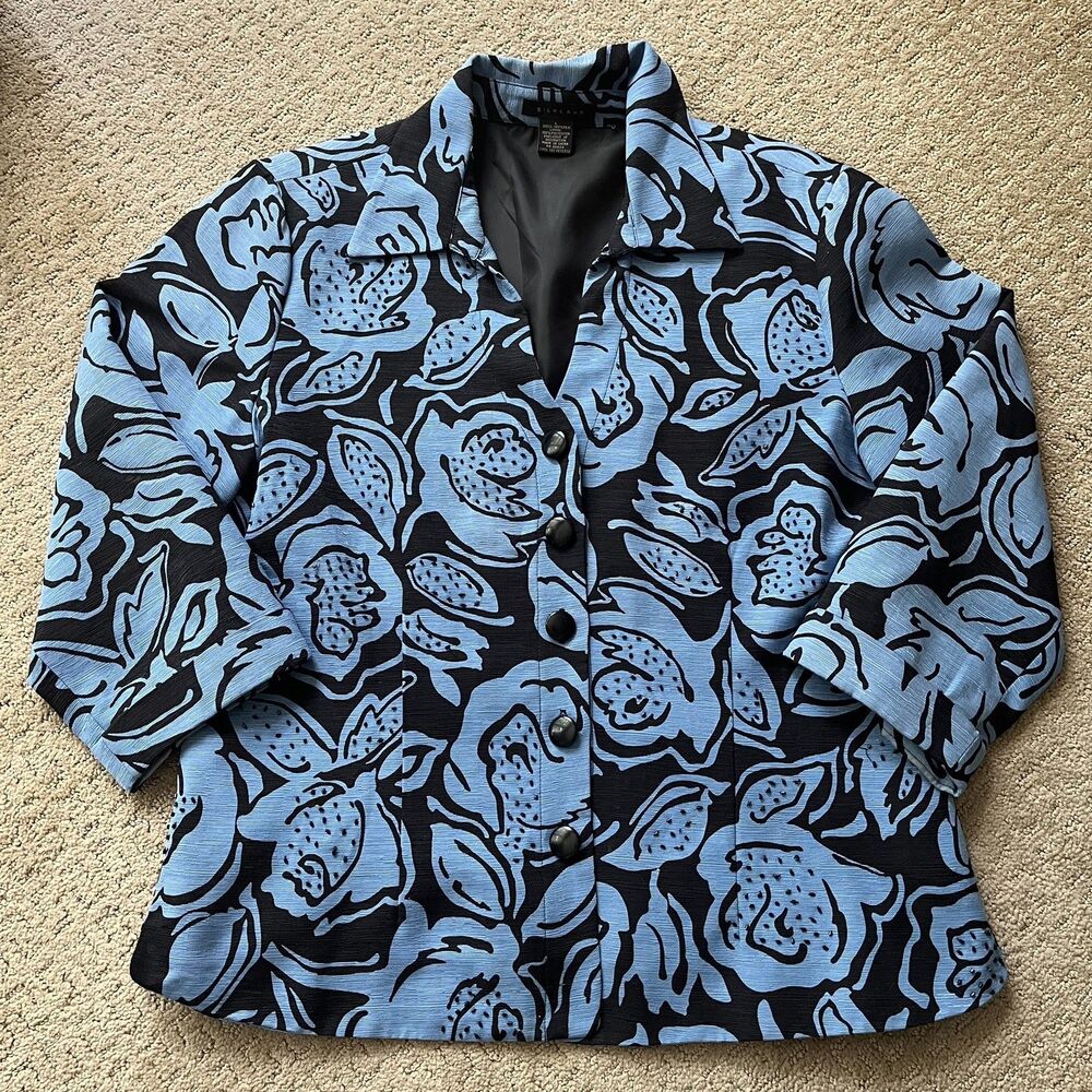 Silkland Sz L Blue Black Floral Beaded Button-up Collar Blouse Jacket 100% Silk